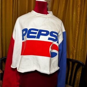 Women’s Pepsi Colorblock Cropped Crewneck Sweatshirt in White, Red & Blue